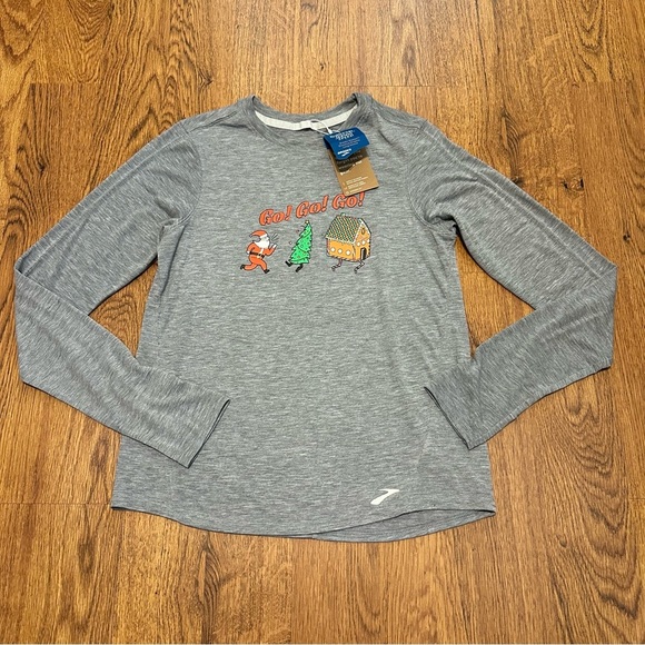 Brooks Gray graphic Long Sleeve Run Merry Go Distance Top quick drying medium - Picture 2 of 11